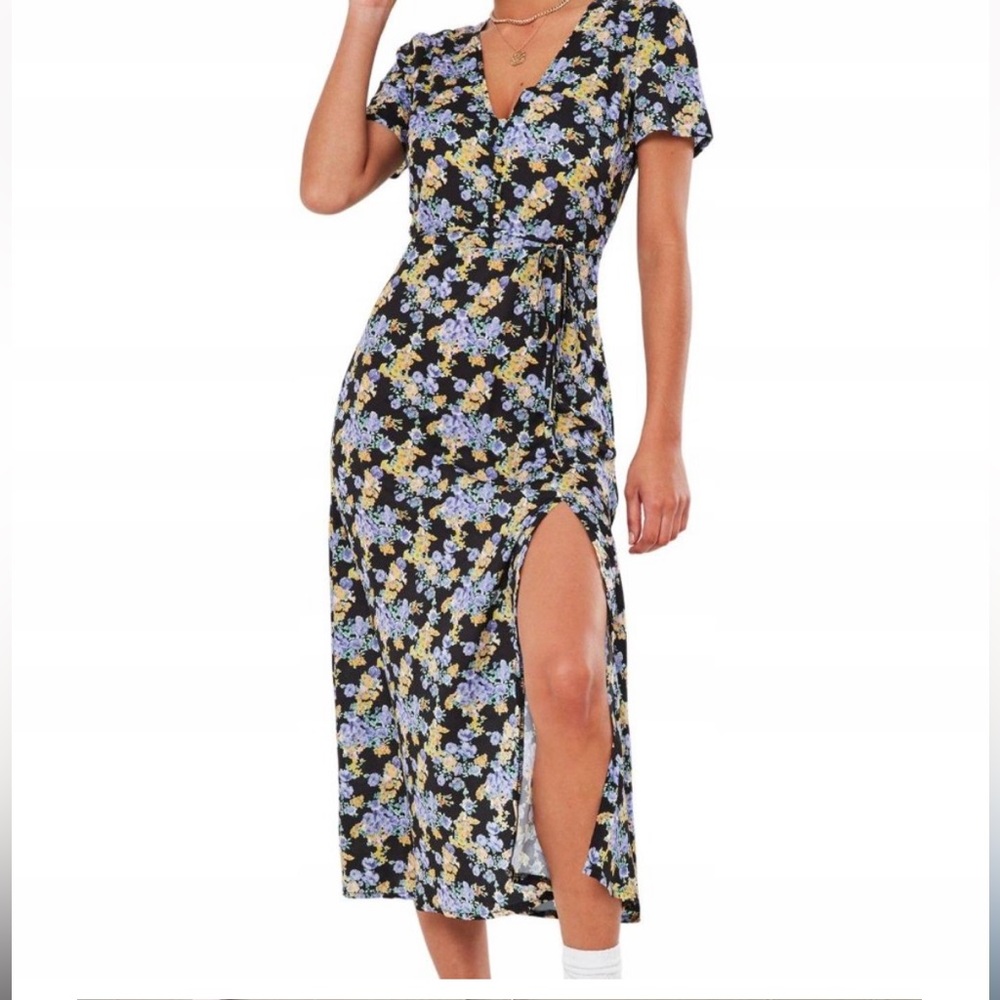 Missguided Black Floral Half Button Side Slit Wrap Midi Dress